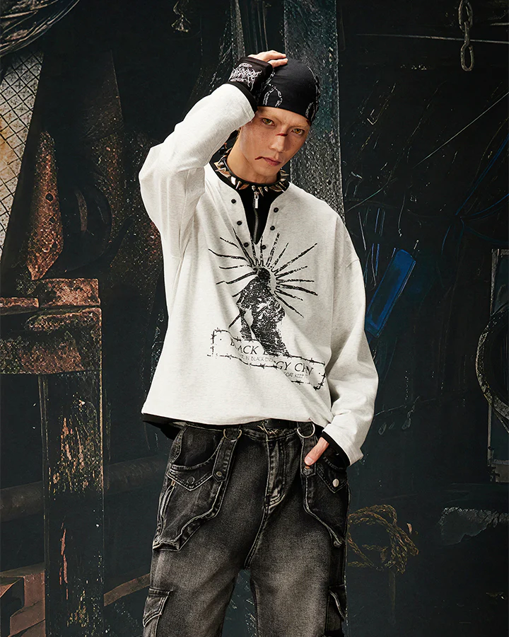 Fake Two-Piece Long Sleeve Zipper Tee - Image 2