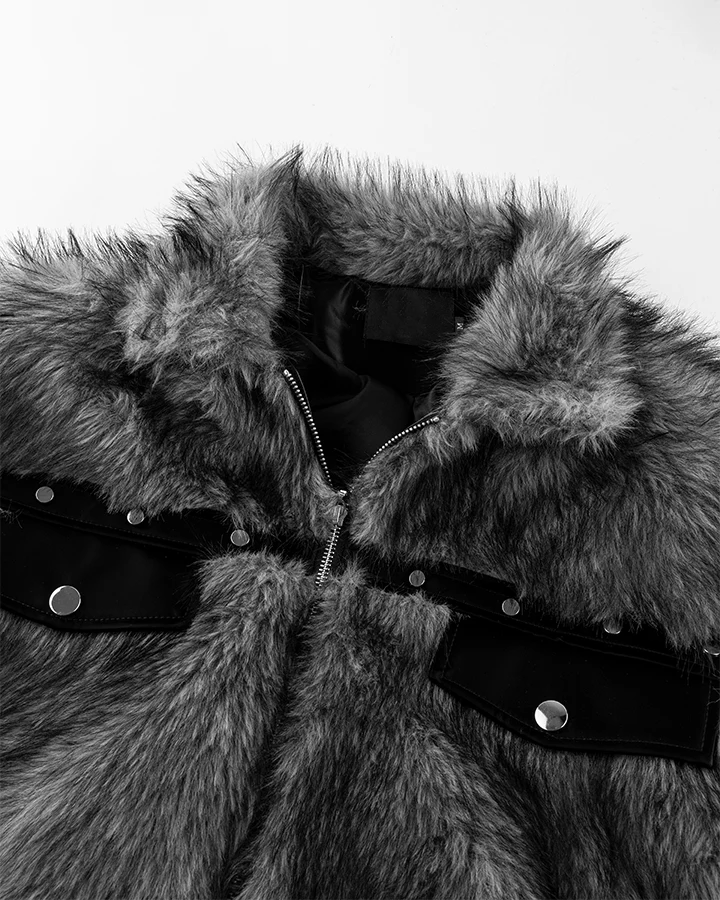 Faux Fur Bomber Jacket with Leather Details - Image 11