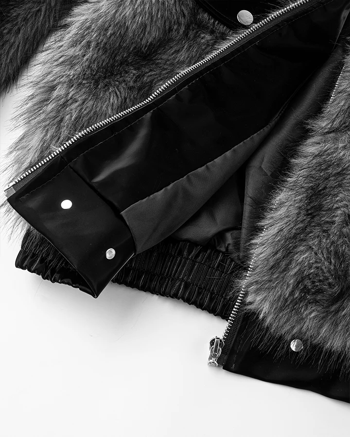 Faux Fur Bomber Jacket with Leather Details - Image 7
