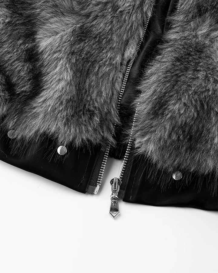 Faux Fur Bomber Jacket with Leather Details - Image 8