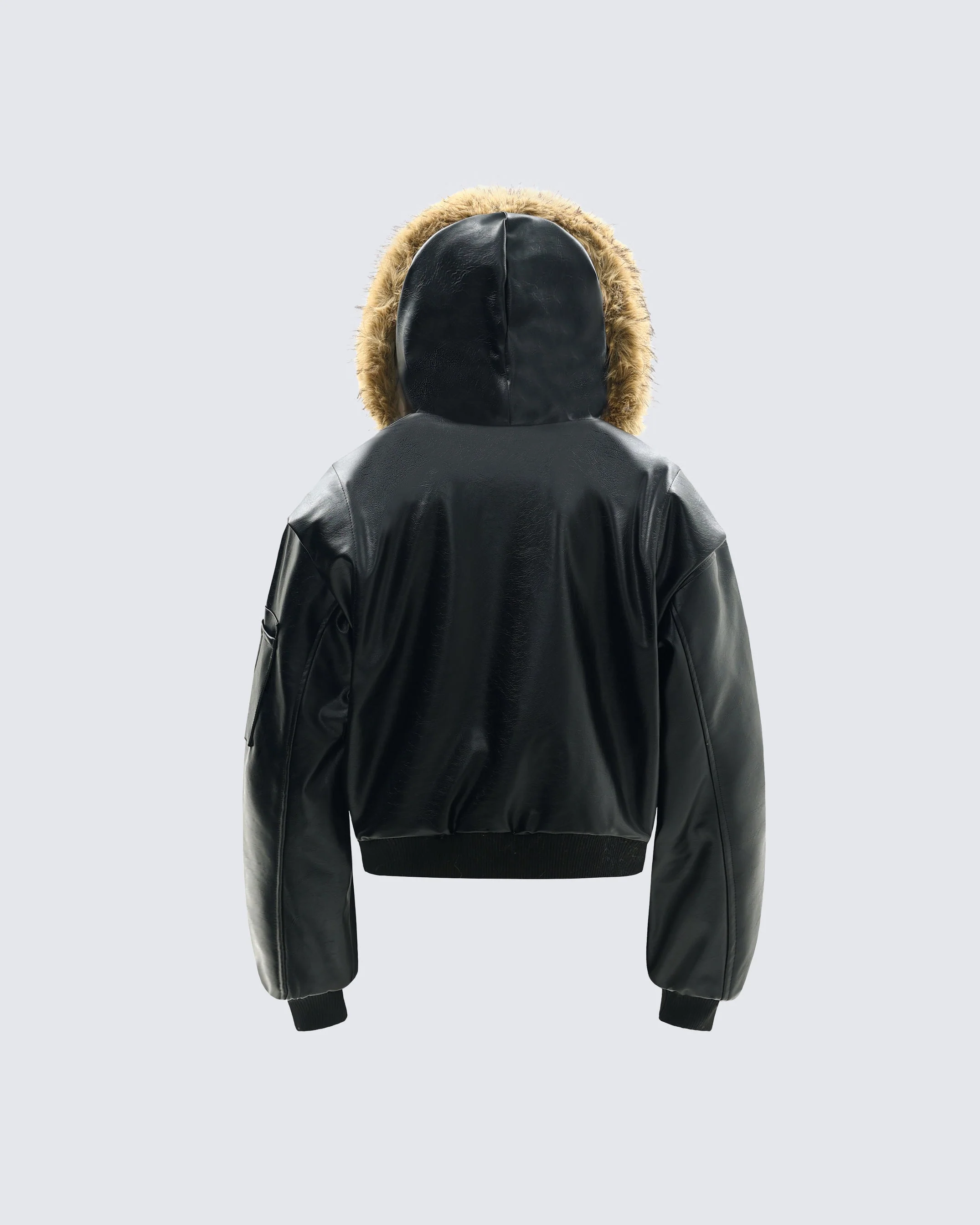 Faux Fur Hooded PU Leather Bomber Jacket - Image 2
