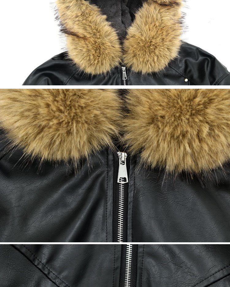 Faux Fur Hooded PU Leather Bomber Jacket - Image 3
