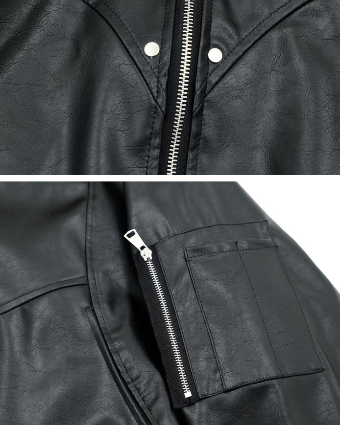 Faux Fur Hooded PU Leather Bomber Jacket - Image 4