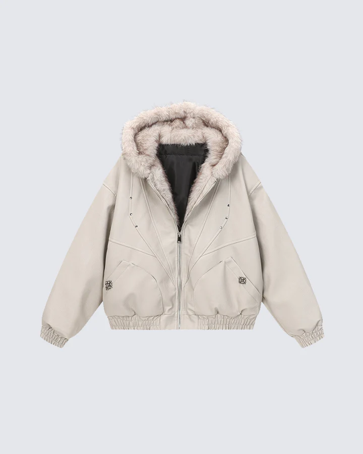 Faux Leather Hooded Jacket with Fur Trim - Image 2