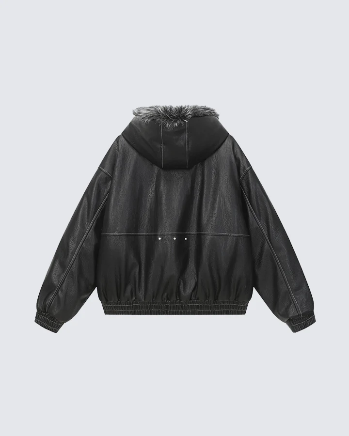 Faux Leather Hooded Jacket with Fur Trim - Image 3