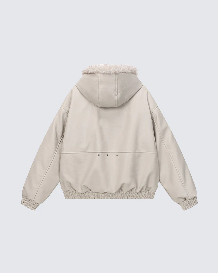 Faux Leather Hooded Jacket with Fur Trim - Image 4