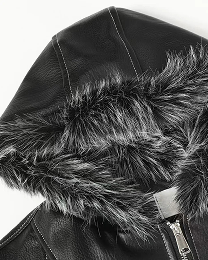 Faux Leather Hooded Jacket with Fur Trim - Image 5