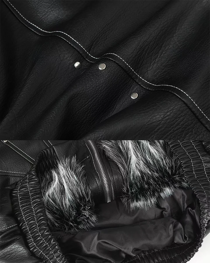 Faux Leather Hooded Jacket with Fur Trim - Image 8