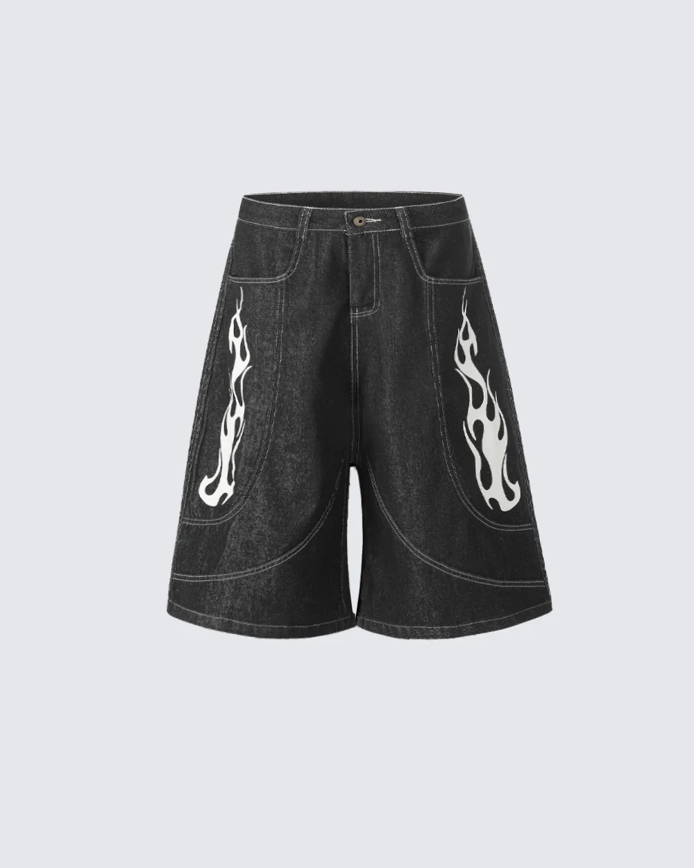 Flame Panel Seven-Length Denim Shorts