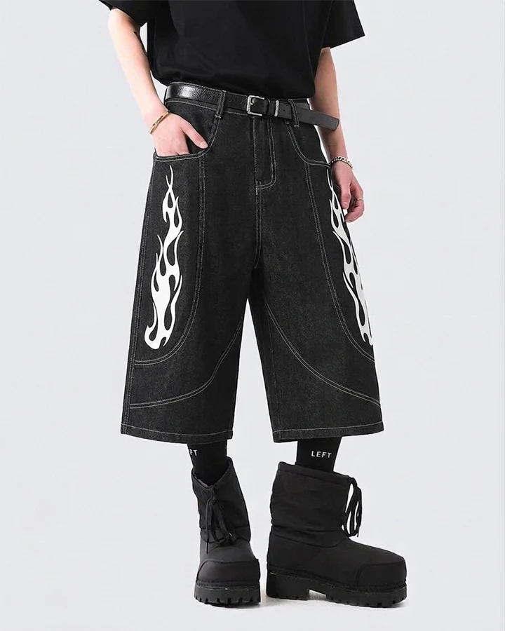 Flame Panel Seven-Length Denim Shorts - Image 2