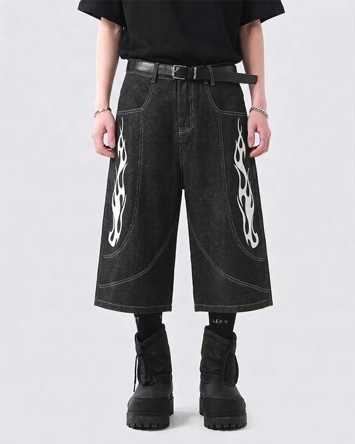 Flame Panel Seven-Length Denim Shorts - Image 5