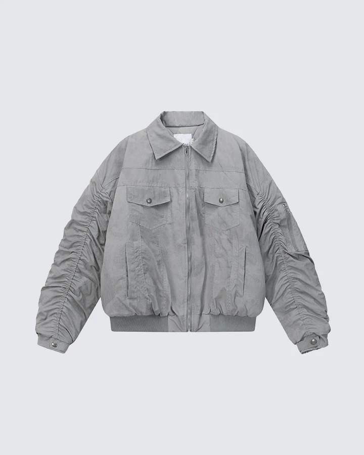 Ruched Sleeve Fleece-Lined Bomber Jacket - Image 2
