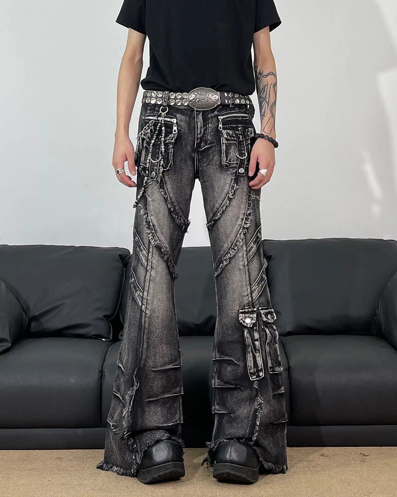 Frayed Flare Denim Cargo Pants - Image 4