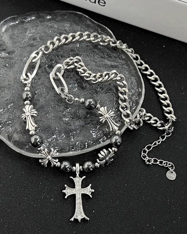 Gothic Black-Silver Beaded Cross Necklace