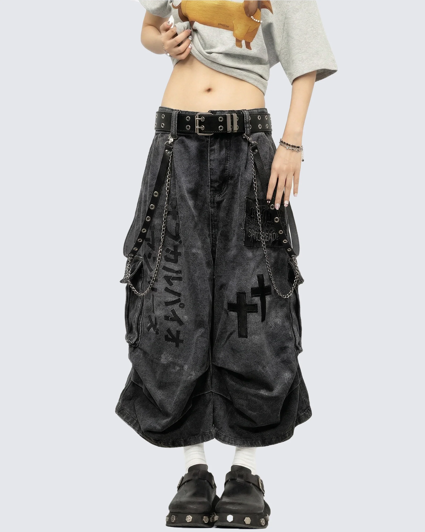 Gothic Chain Strap Denim Capri Pants - Image 2