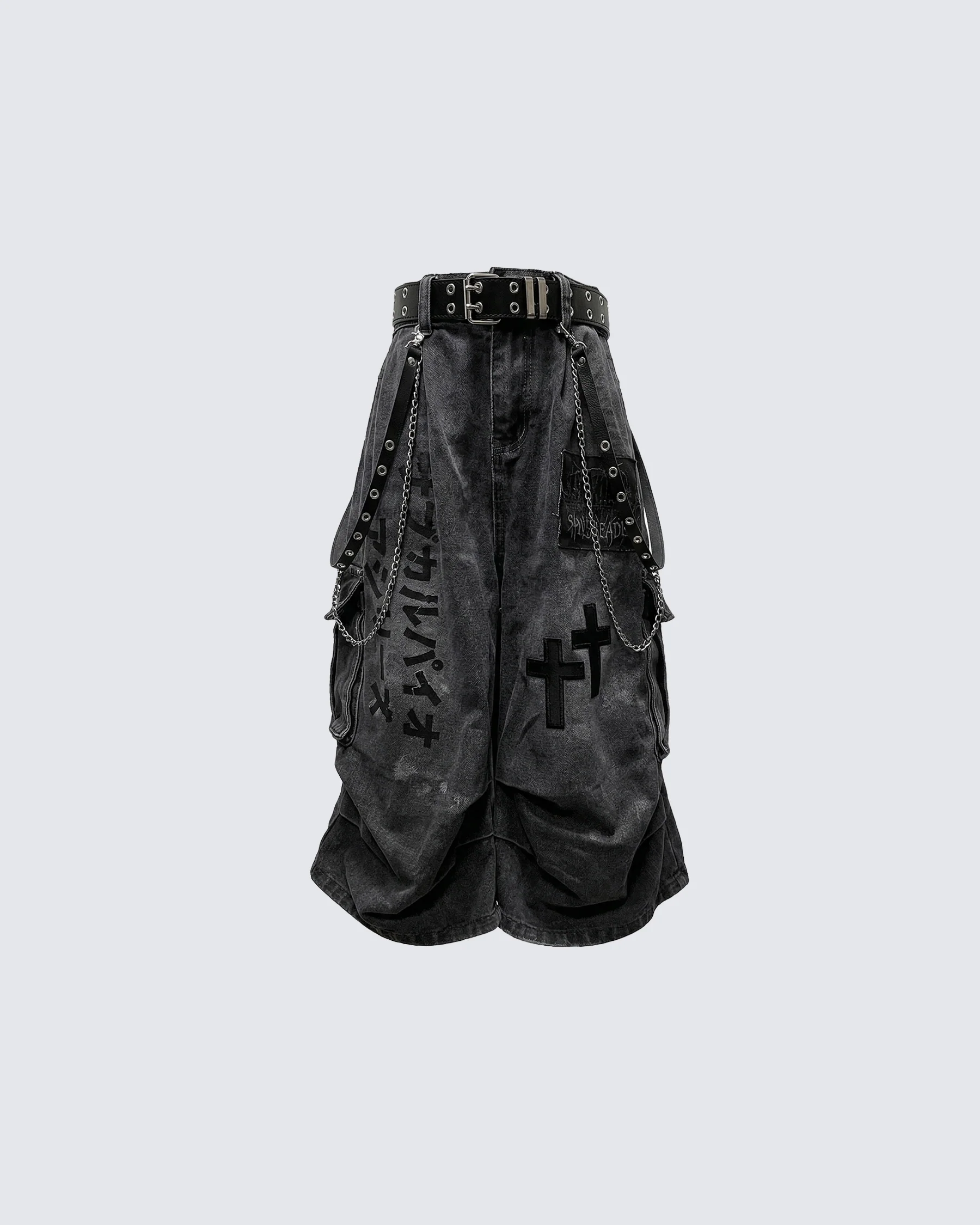 Gothic Chain Strap Denim Capri Pants - Image 3