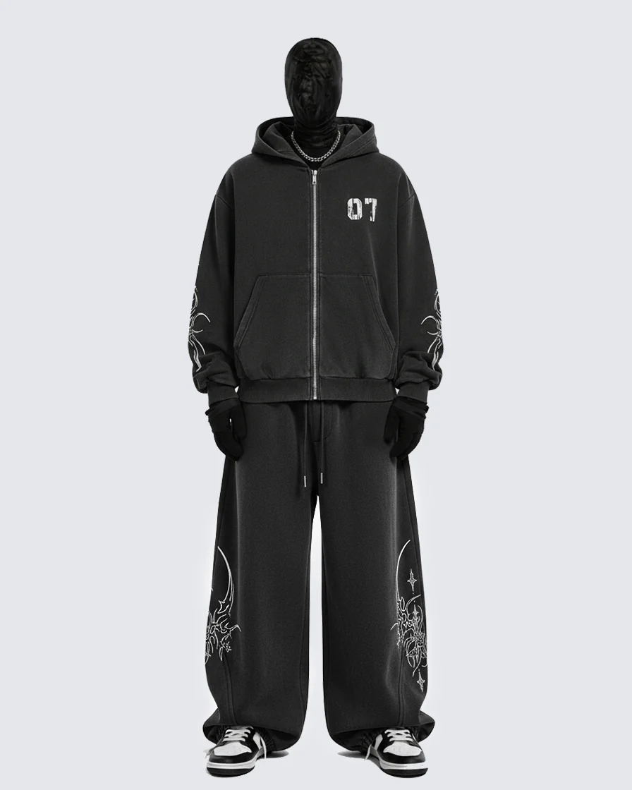 Gothic Print Loose Sports Casual Tracksuit - Image 3