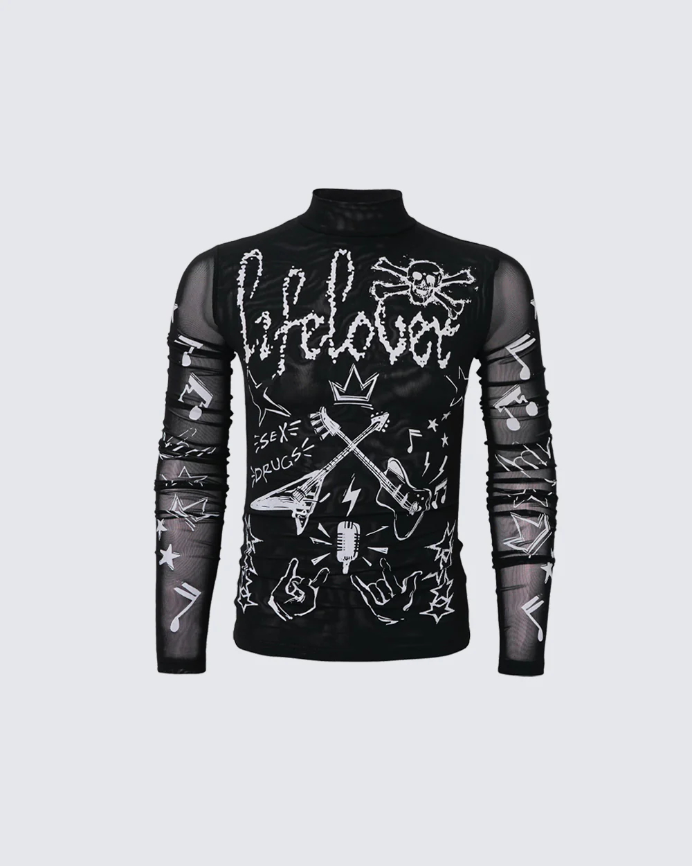 Gothic Rock Graphic Sheer Mesh Long Sleeve Tee