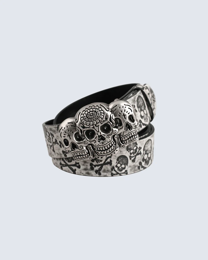 Gothic Skull Buckle Punk Belt – 3D Sugar Skull Design (Grey / Coffee / Bronze) - Image 2