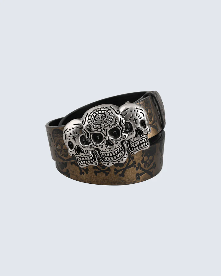 Gothic Skull Buckle Punk Belt – 3D Sugar Skull Design (Grey / Coffee / Bronze) - Image 3