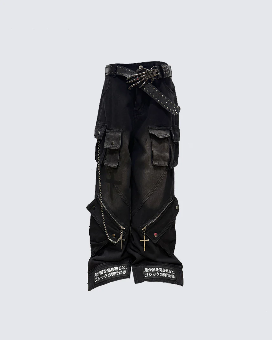 Gothic Streetwear Cross-Chain Cargo Pants(Includes Belt) - Image 2