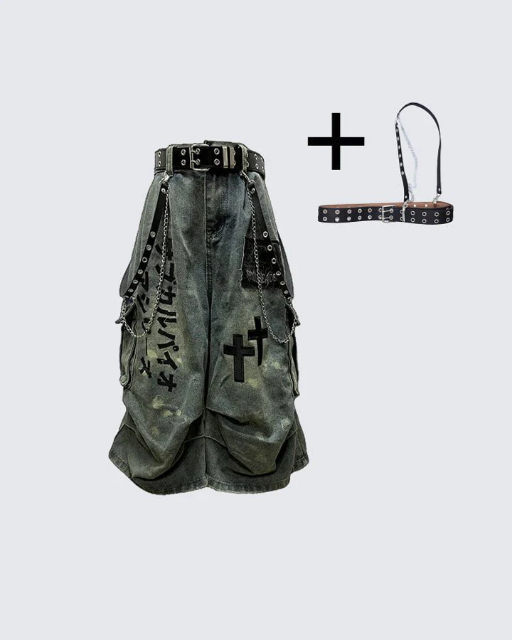 Gothic Washed Denim Shorts with Chains - Image 2