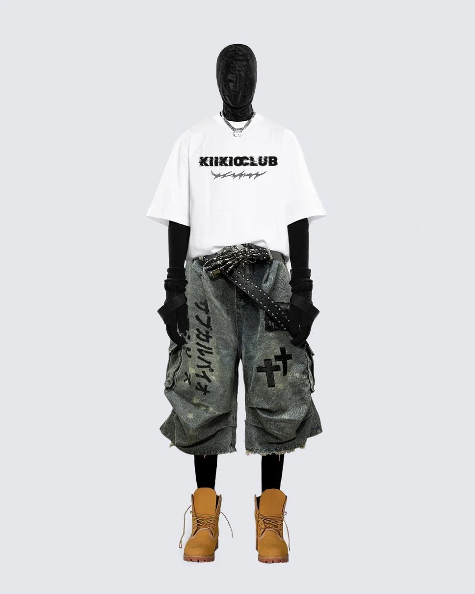 Gothic Washed Denim Shorts with Chains - Image 3