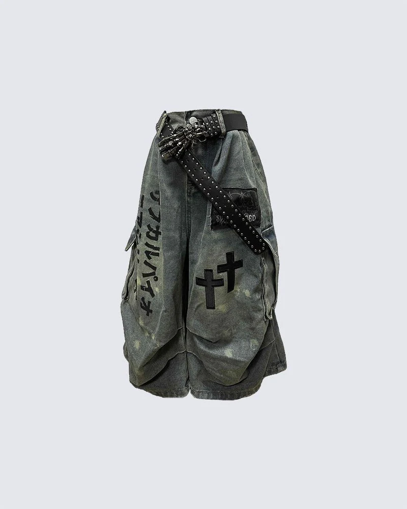 Gothic Washed Denim Shorts with Chains - Image 5