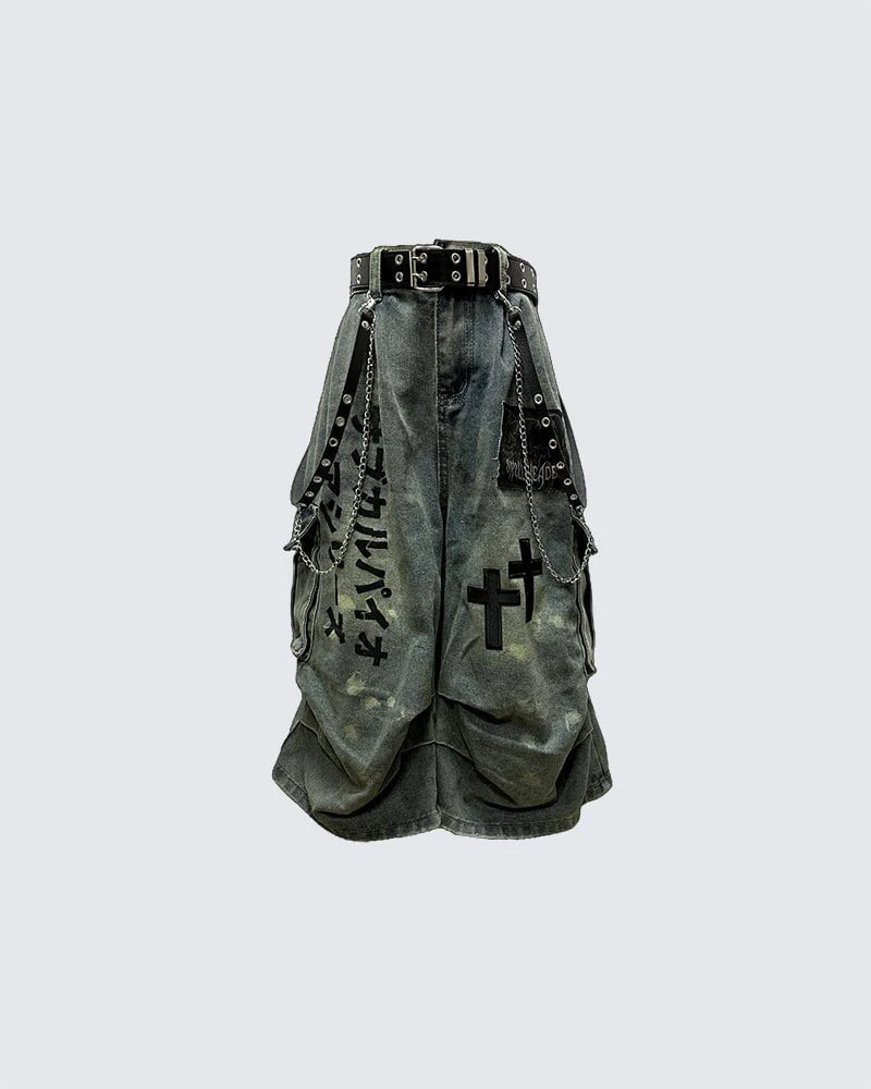 Gothic Washed Denim Shorts with Chains - Image 6