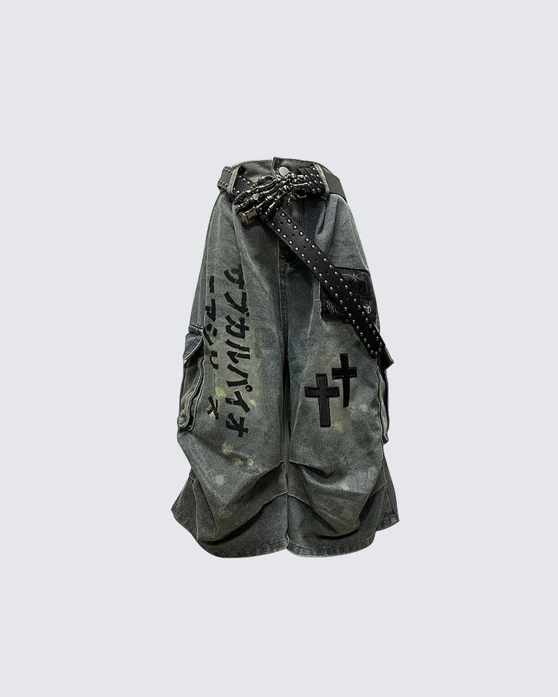 Gothic Washed Denim Shorts with Chains - Image 7