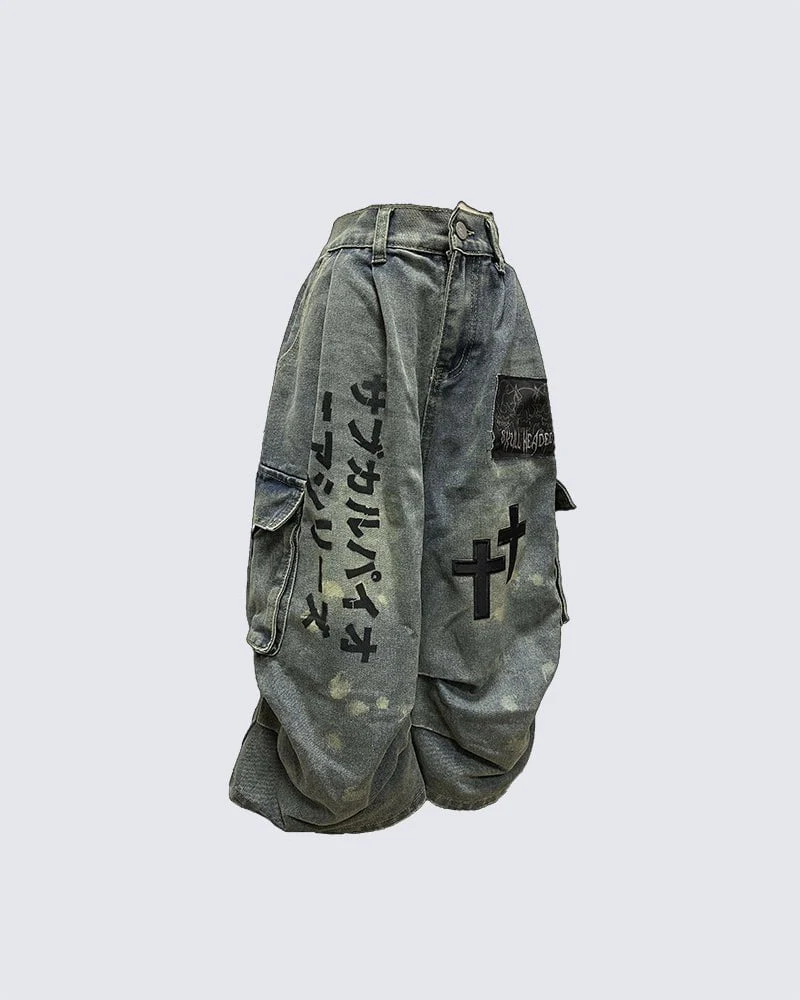 Gothic Washed Denim Shorts with Chains - Image 8