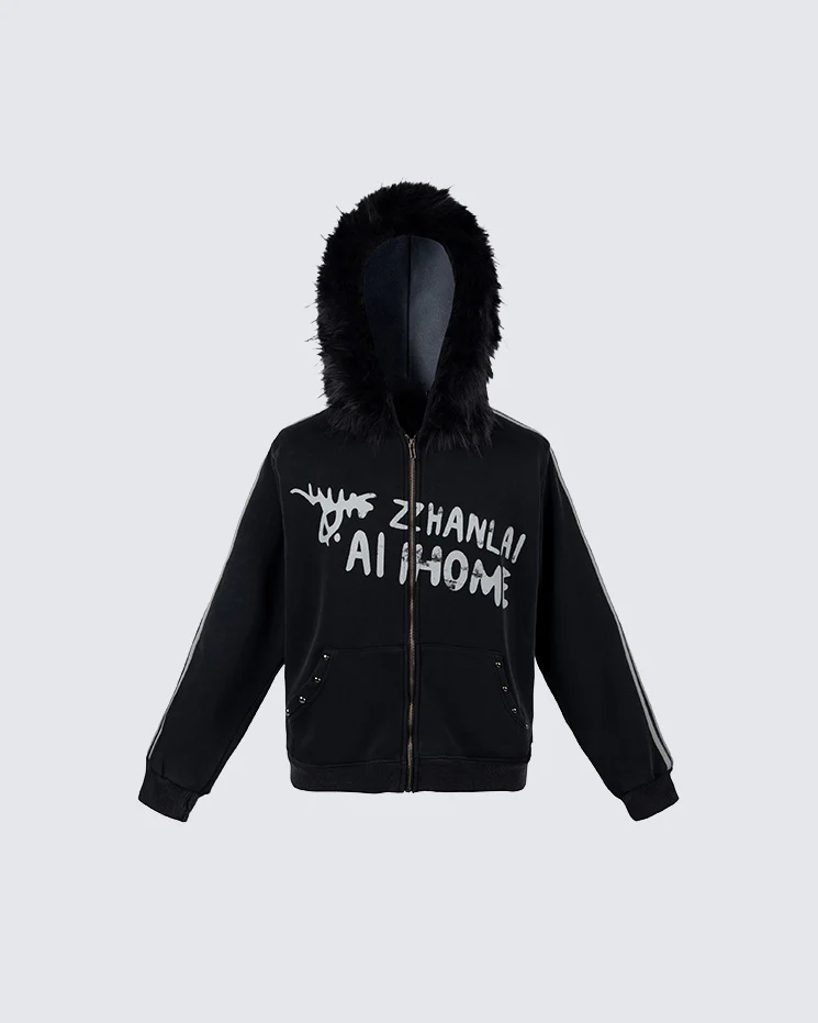 Gradient Faux Fur Hood Zip Hoodie - Image 10