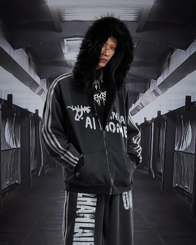 Gradient Faux Fur Hood Zip Hoodie - Image 11