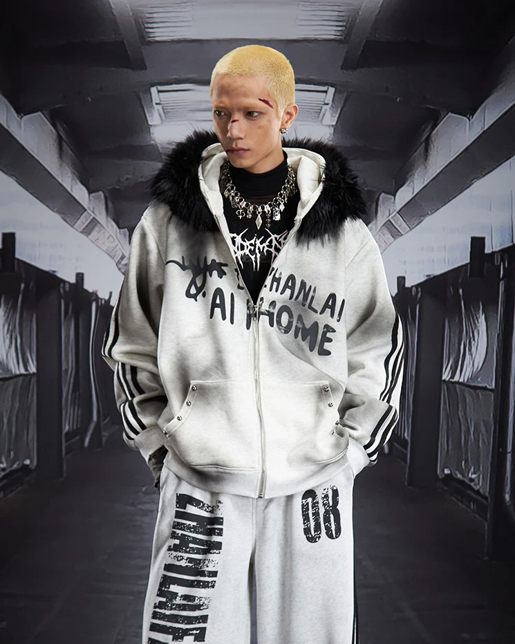 Gradient Faux Fur Hood Zip Hoodie - Image 2