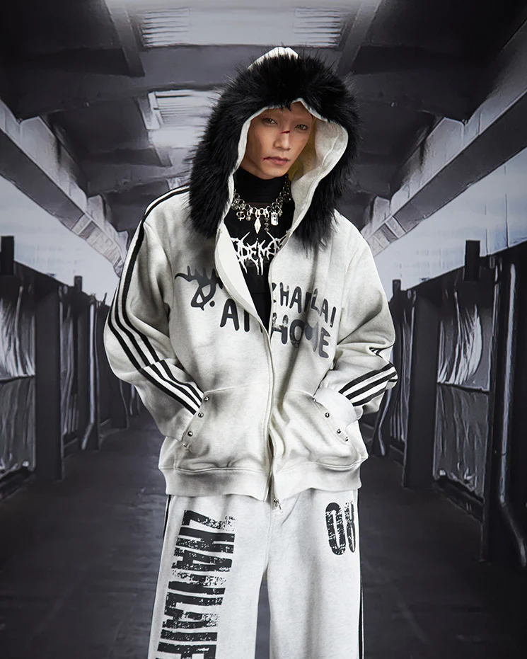 Gradient Faux Fur Hood Zip Hoodie - Image 3