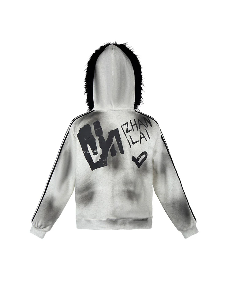 Gradient Faux Fur Hood Zip Hoodie - Image 6