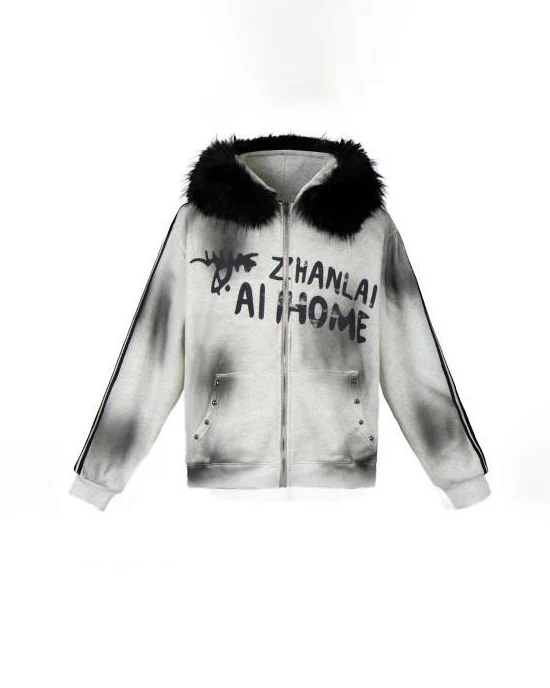 Gradient Faux Fur Hood Zip Hoodie - Image 8
