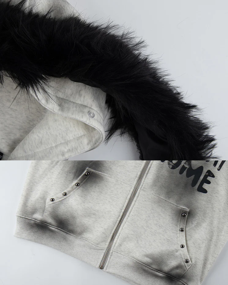 Gradient Faux Fur Hood Zip Hoodie - Image 9