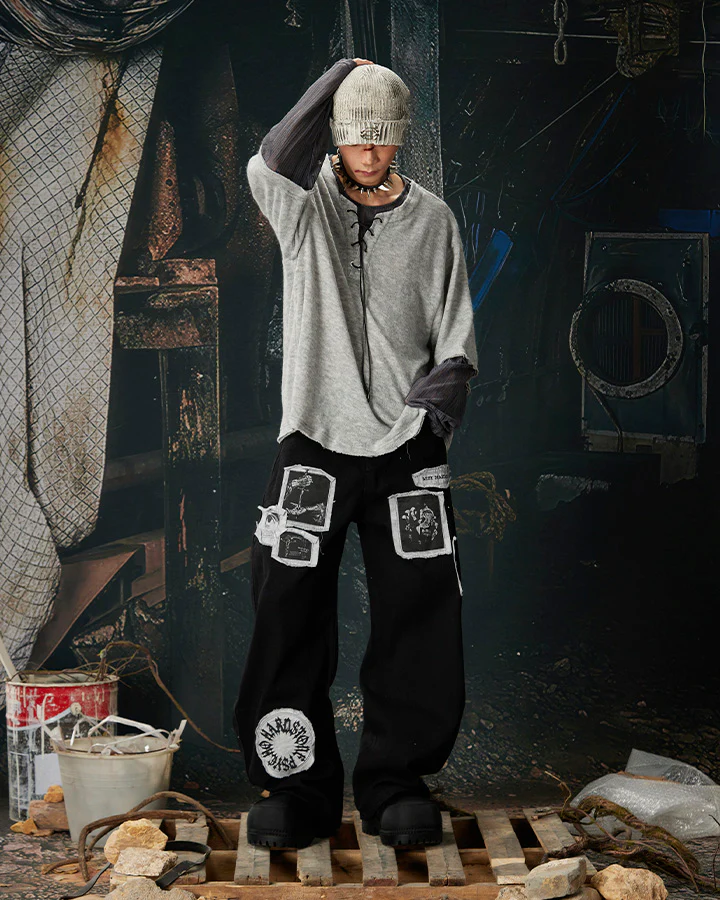 Graphic Patch Wide Leg Denim Pants - Image 2