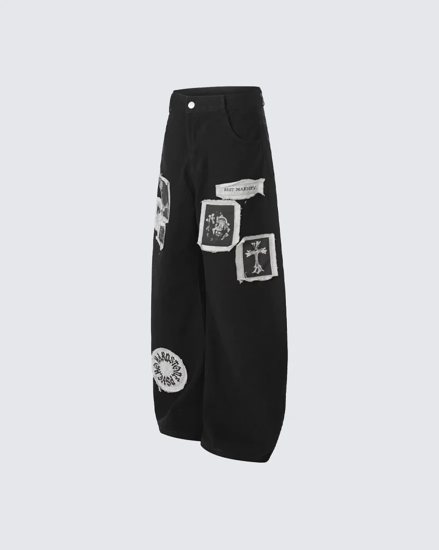 Graphic Patch Wide Leg Denim Pants - Image 3