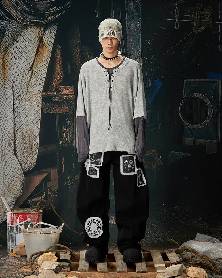 Graphic Patch Wide Leg Denim Pants - Image 4