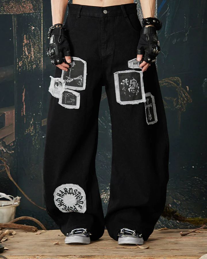 Graphic Patch Wide Leg Denim Pants - Image 5