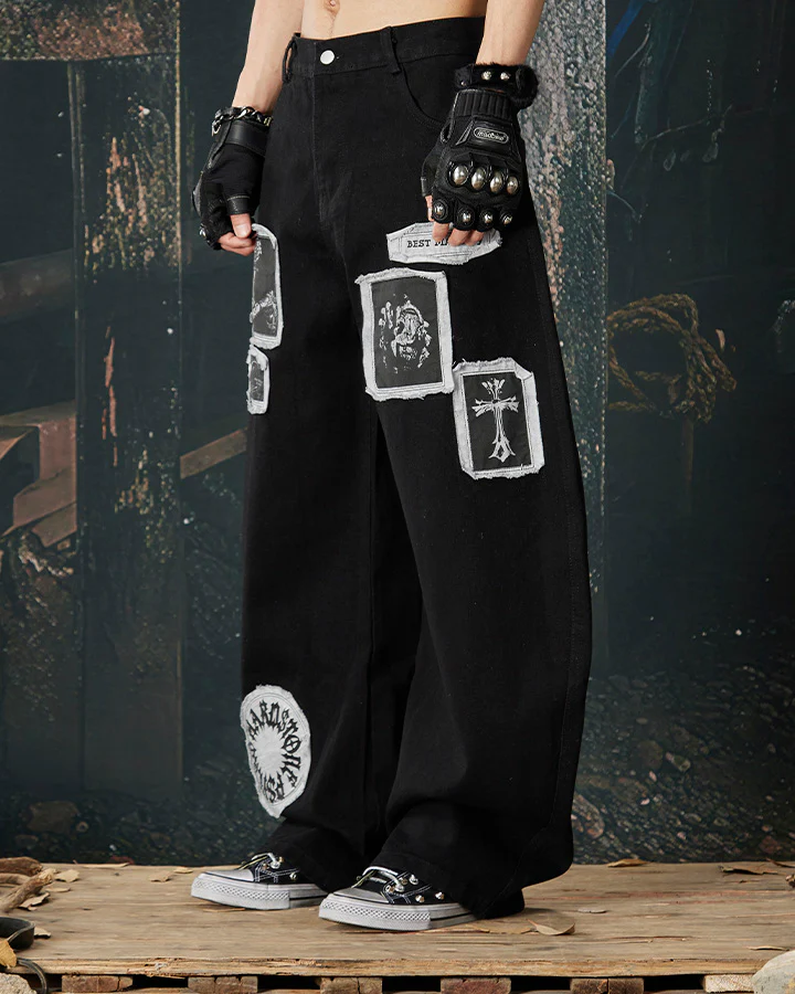 Graphic Patch Wide Leg Denim Pants - Image 6