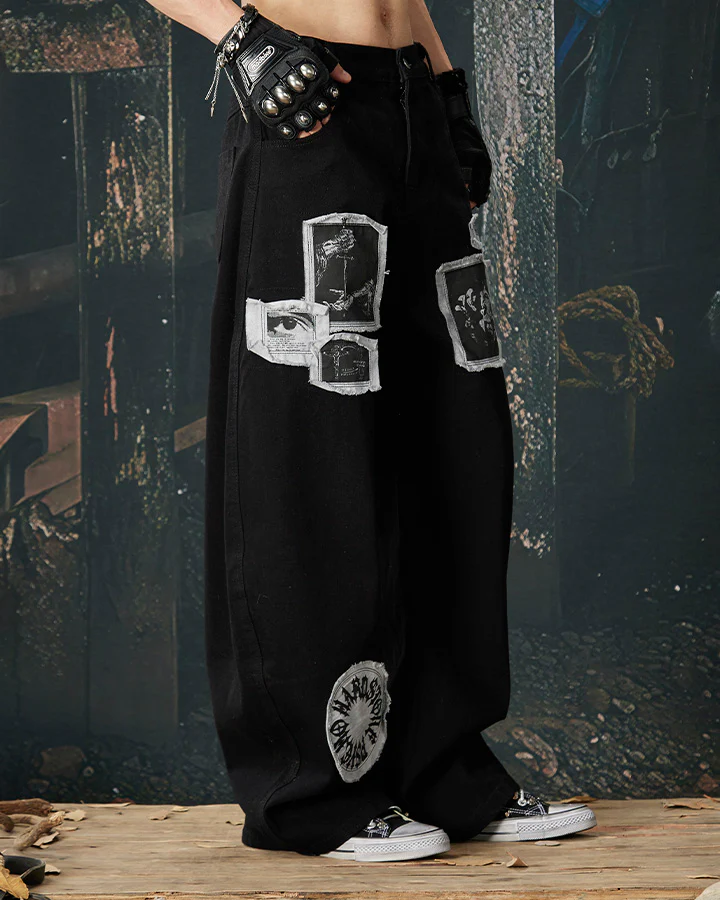 Graphic Patch Wide Leg Denim Pants - Image 7