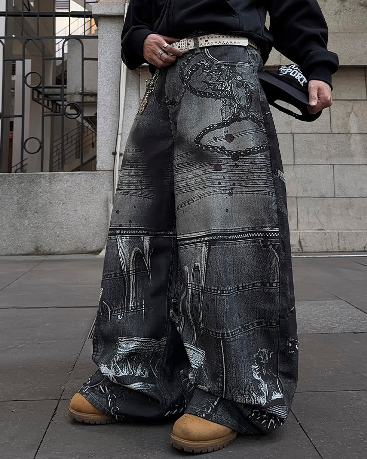 Graphic Print Wide-Leg Denim Jeans - Image 2