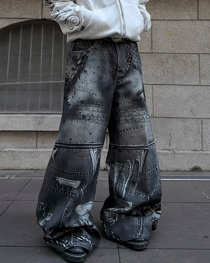 Graphic Print Wide-Leg Denim Jeans - Image 4