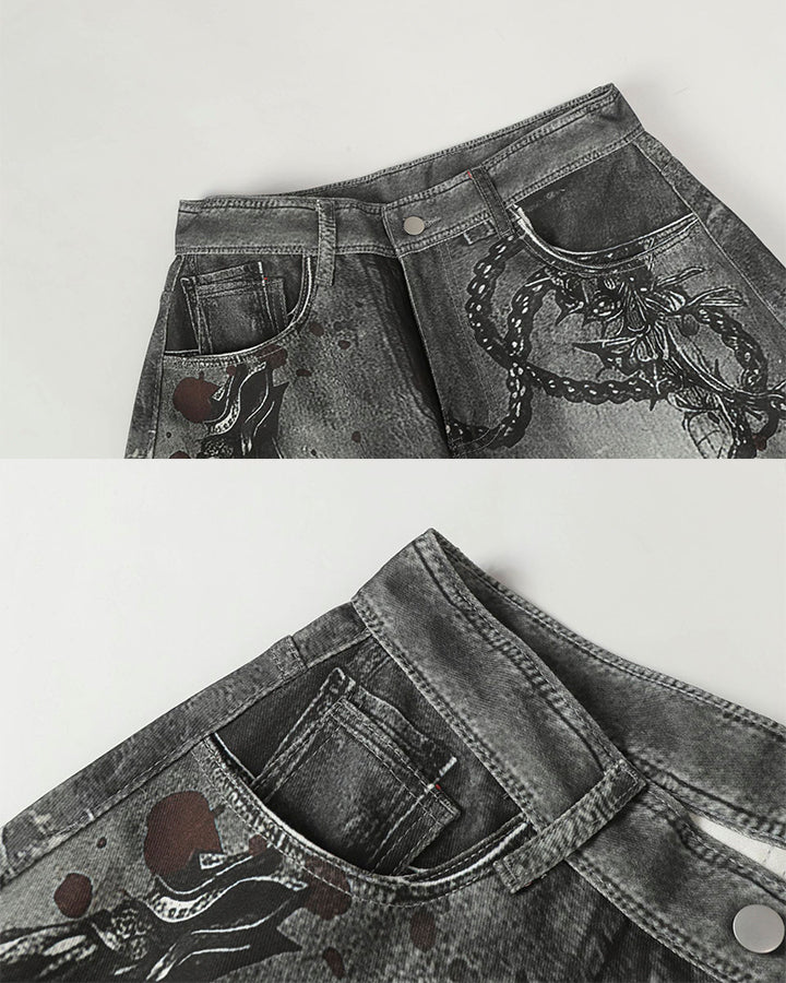 Graphic Print Wide-Leg Denim Jeans - Image 8
