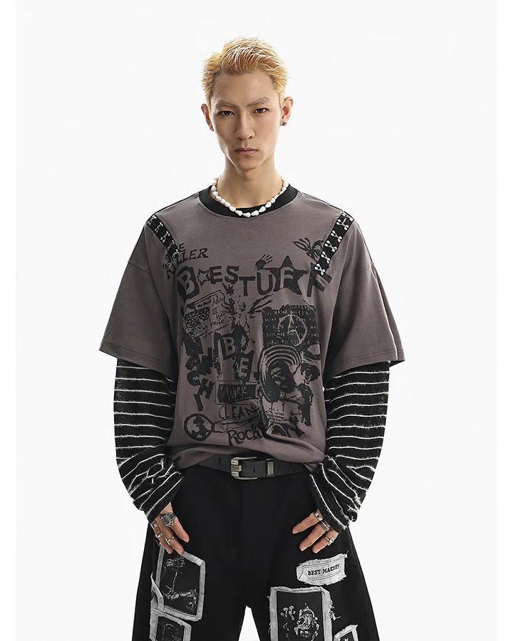 Gray-Black Distressed Graffiti Layered Sweatshirts - Image 2
