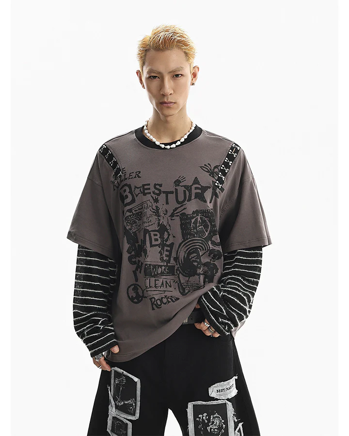 Gray-Black Distressed Graffiti Layered Sweatshirts - Image 4