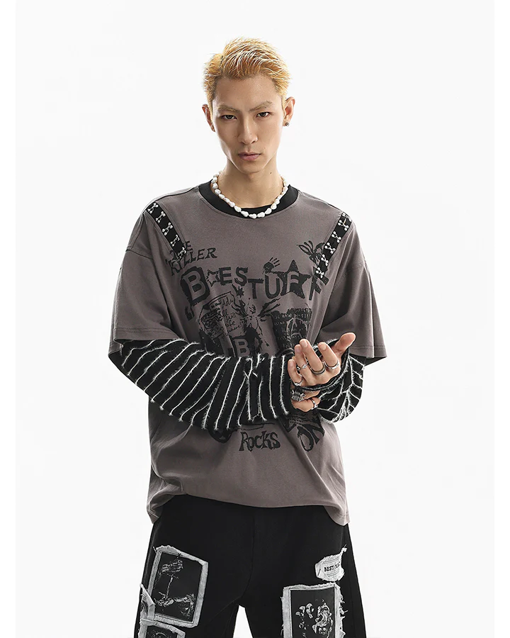 Gray-Black Distressed Graffiti Layered Sweatshirts - Image 5